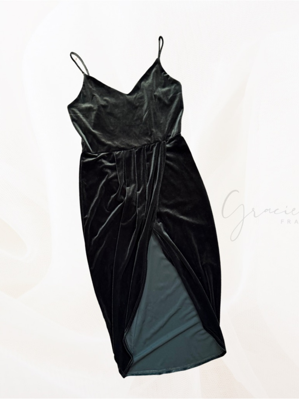Dark Green Velvet Midi Dress with Front Slit